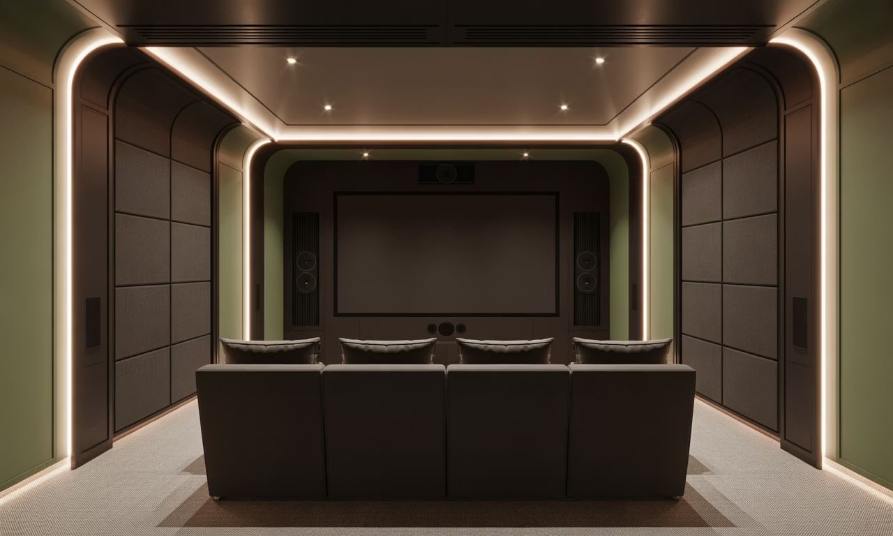 Sala de home cinema com poltronas e tela grande