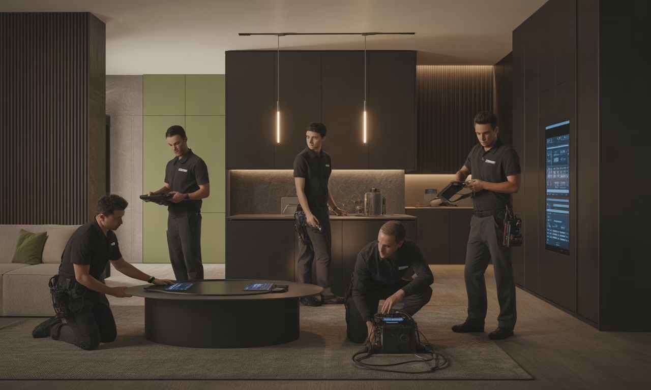 Equipe da Conexão Smart Home instalando equipamentos em uma sala