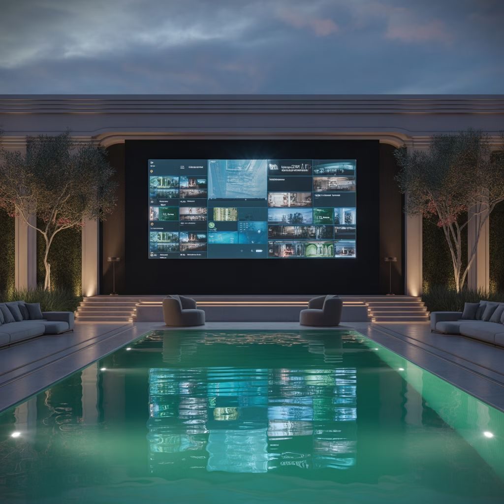 Tela de LED em área externa com piscina