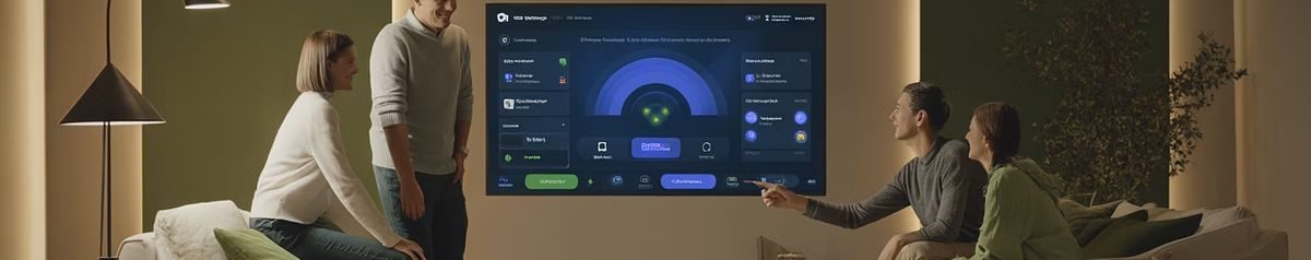 Família usando o painel de controle da casa inteligente