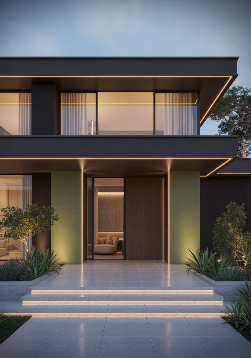 Casa moderna com iluminação embutida e entrada automatizada
